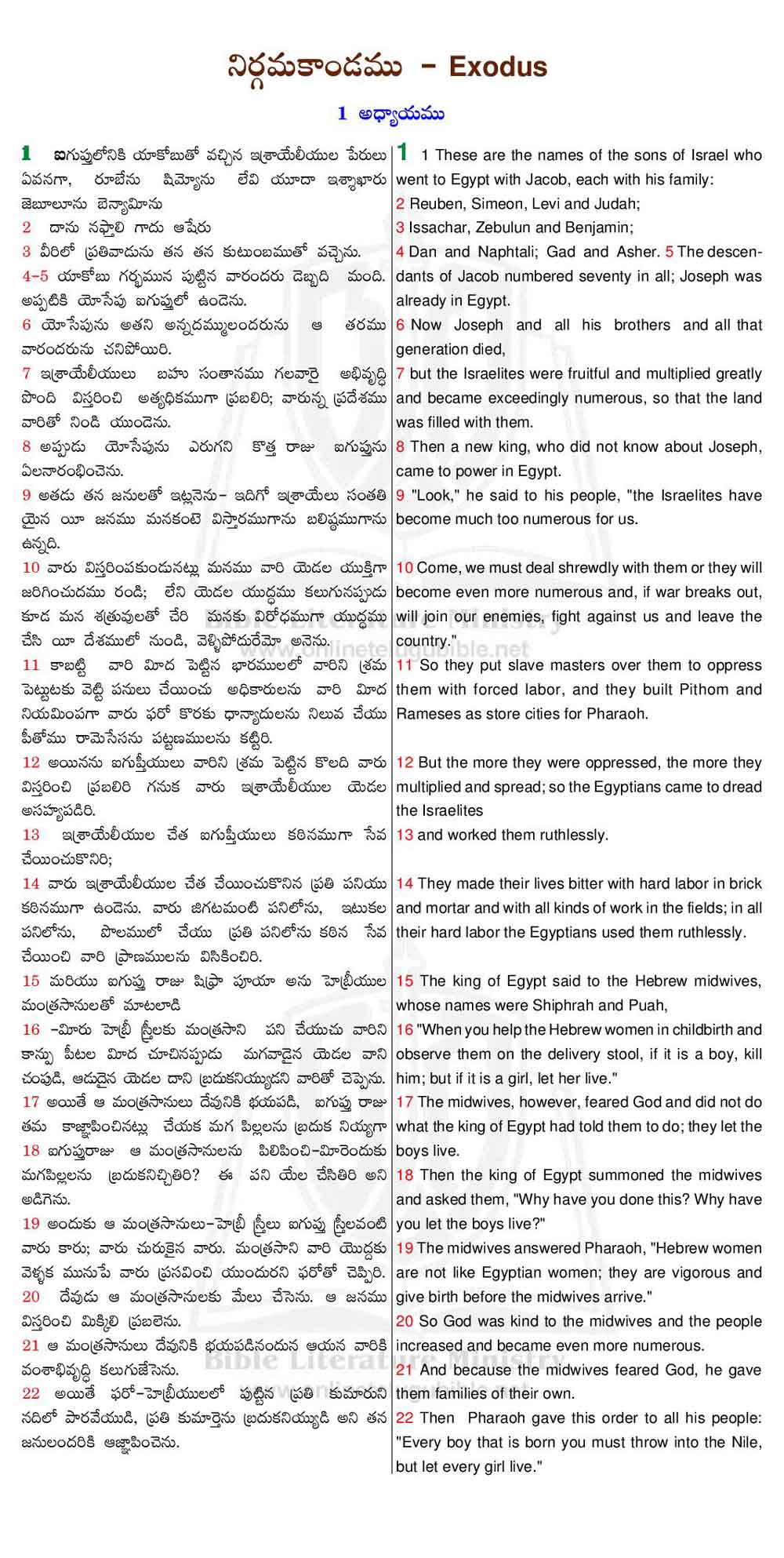 Bible Literature Ministry Telugu English Bible Exodus Chapter 1